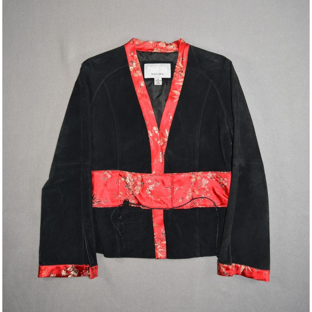 Wilsons Leather Jacket Womens Medium Black Suede Kimono Floral Red Trim Sash